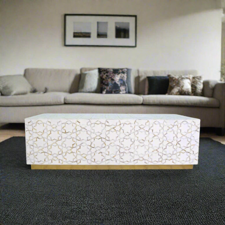 Fez Mother Of Pearl Inlay Rectangle Center Table White