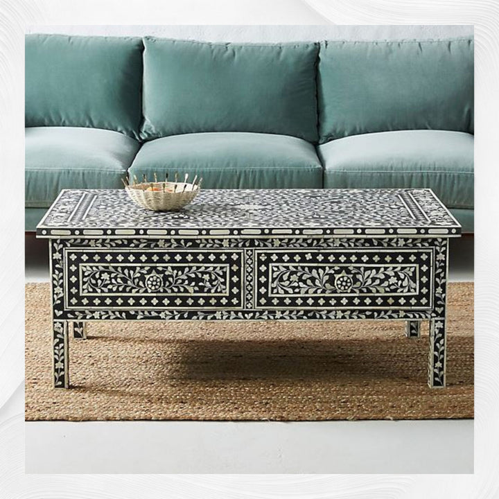 Floral Bone Inlay 2 Drawer Coffee Table Black