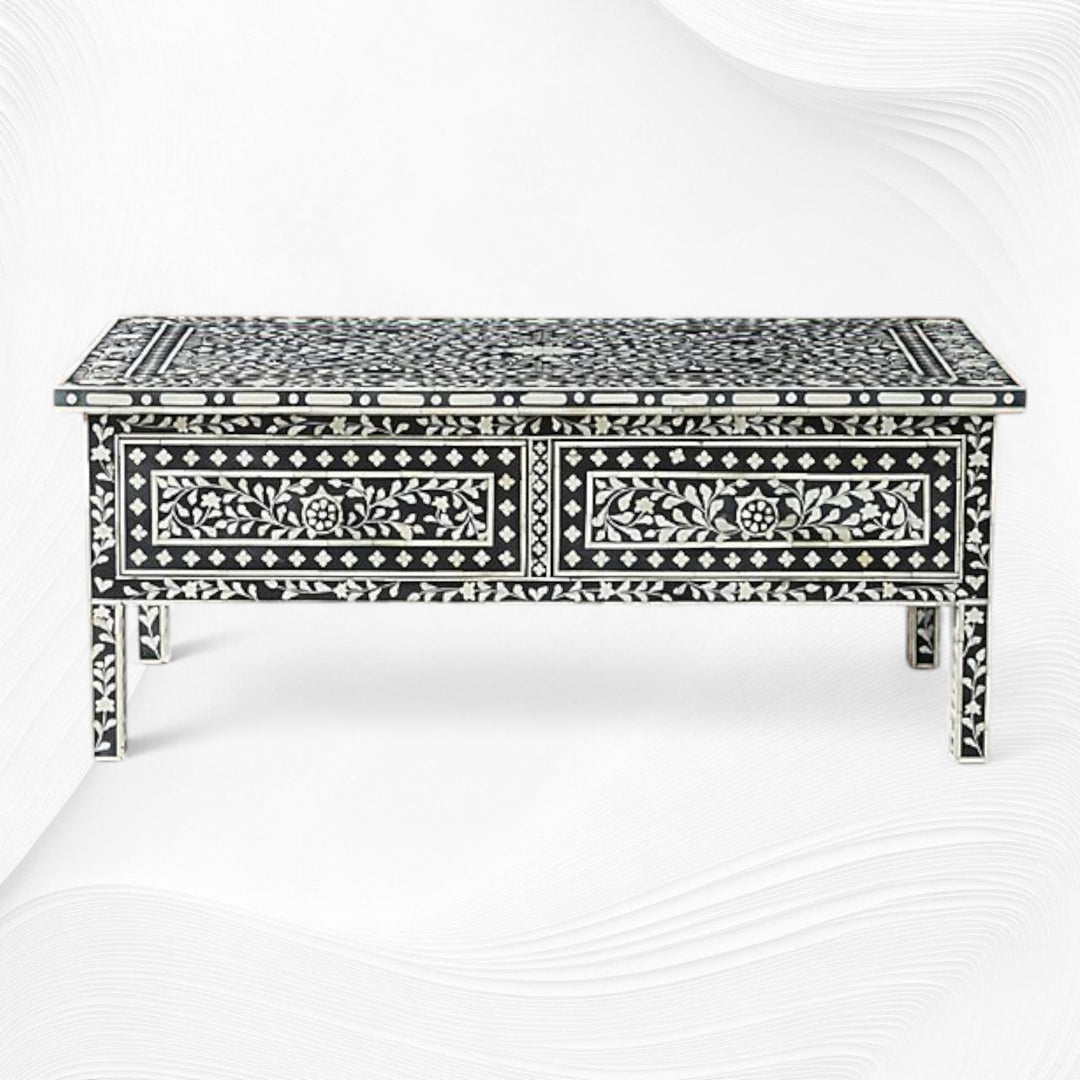 Floral Bone Inlay 2 Drawer Coffee Table Black