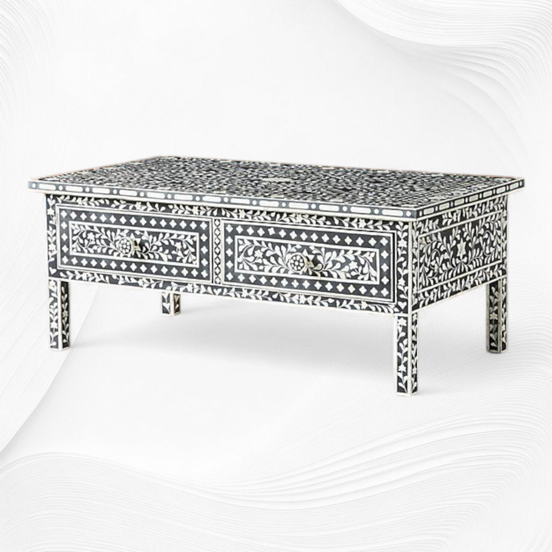 Floral Bone Inlay 2 Drawer Coffee Table Black