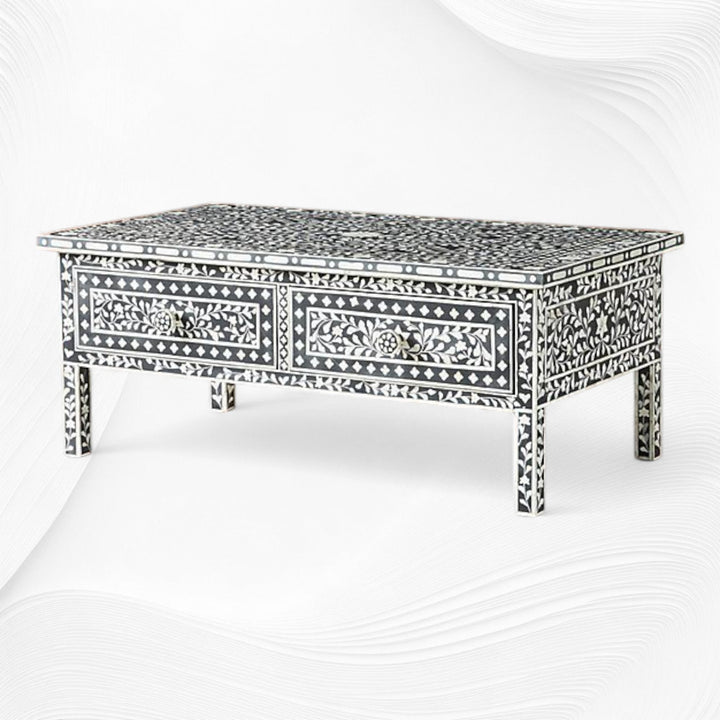 Floral Bone Inlay 2 Drawer Coffee Table Black
