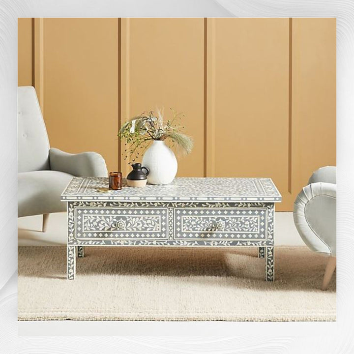 Floral Bone Inlay 2 Drawer Coffee Table Grey