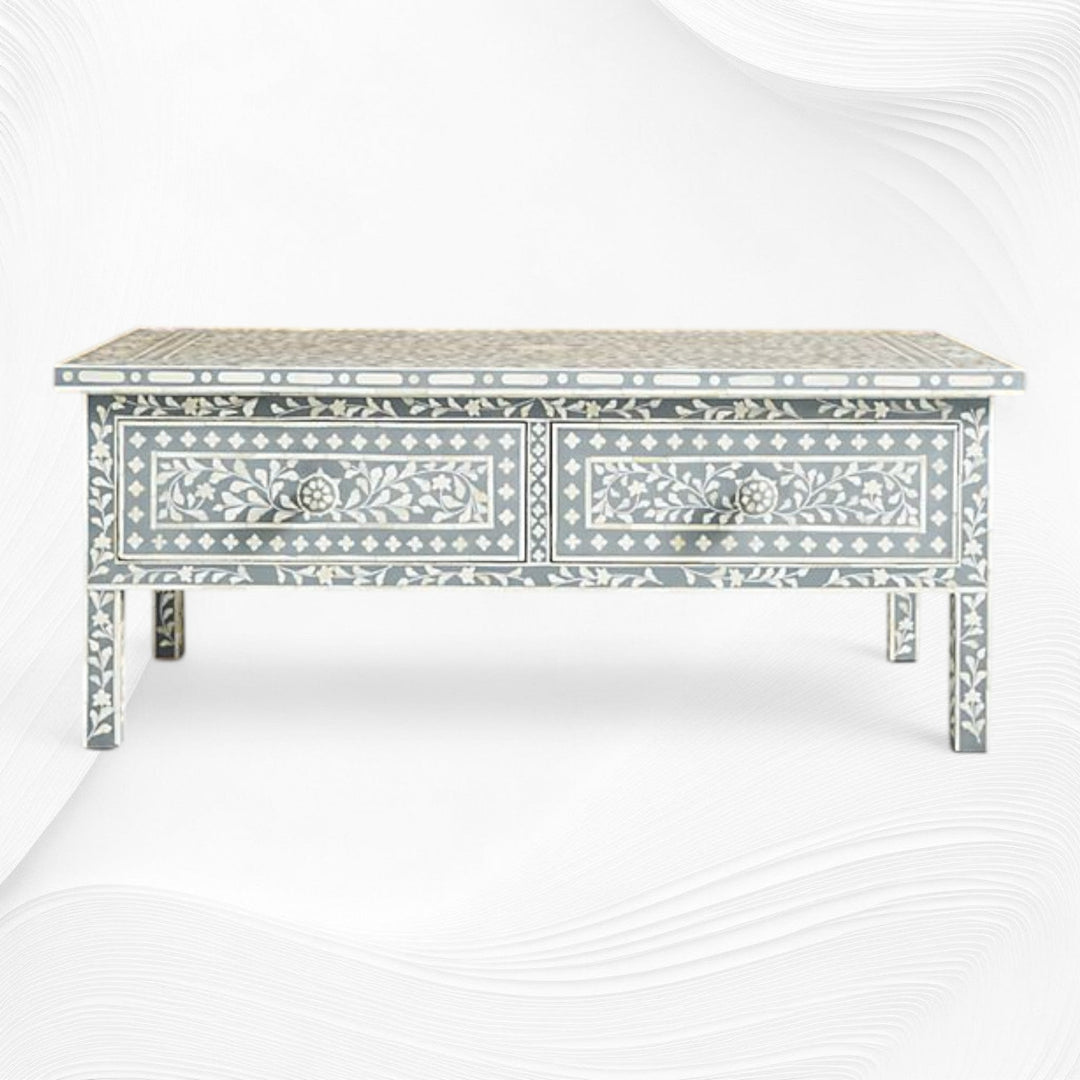 Floral Bone Inlay 2 Drawer Coffee Table Grey