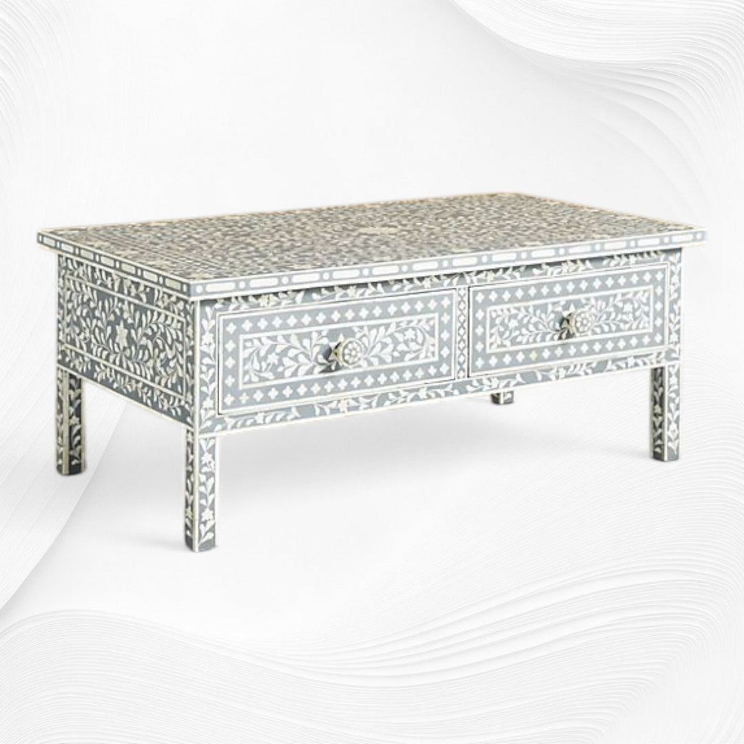 Floral Bone Inlay 2 Drawer Coffee Table Grey