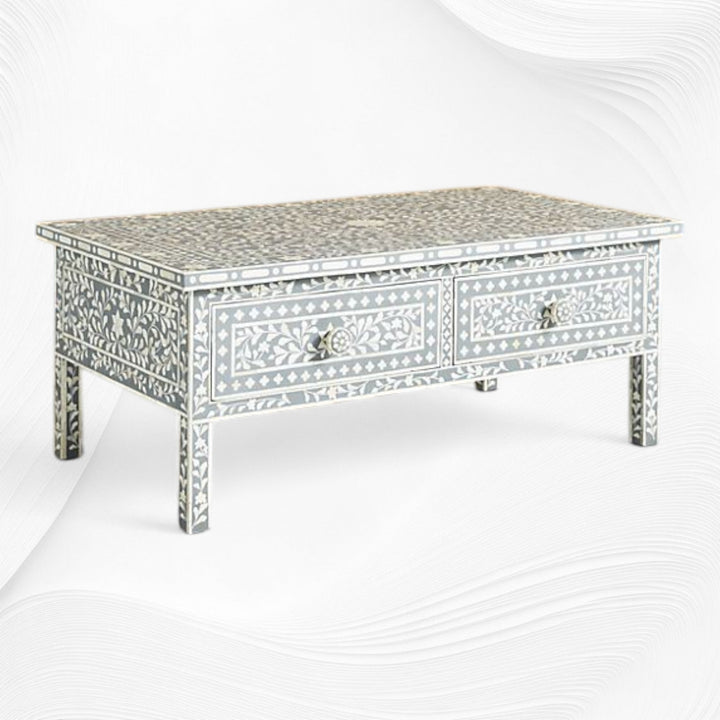 Floral Bone Inlay 2 Drawer Coffee Table Grey