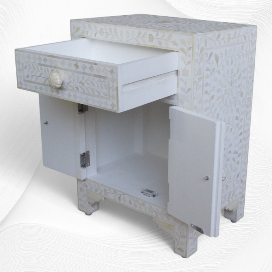 Floral Bone Inlay Bedside White