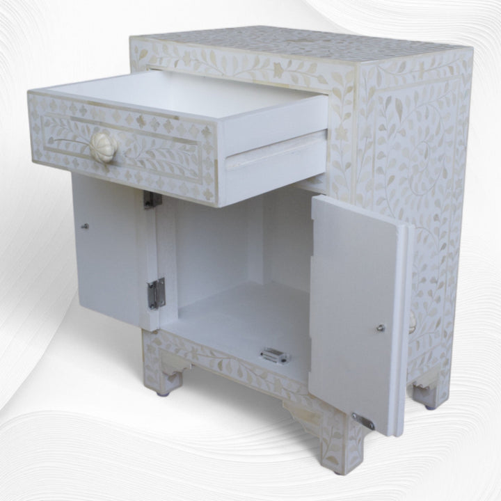 Floral Bone Inlay Bedside White