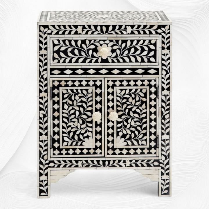 Floral Bone Inlay Bedside Black