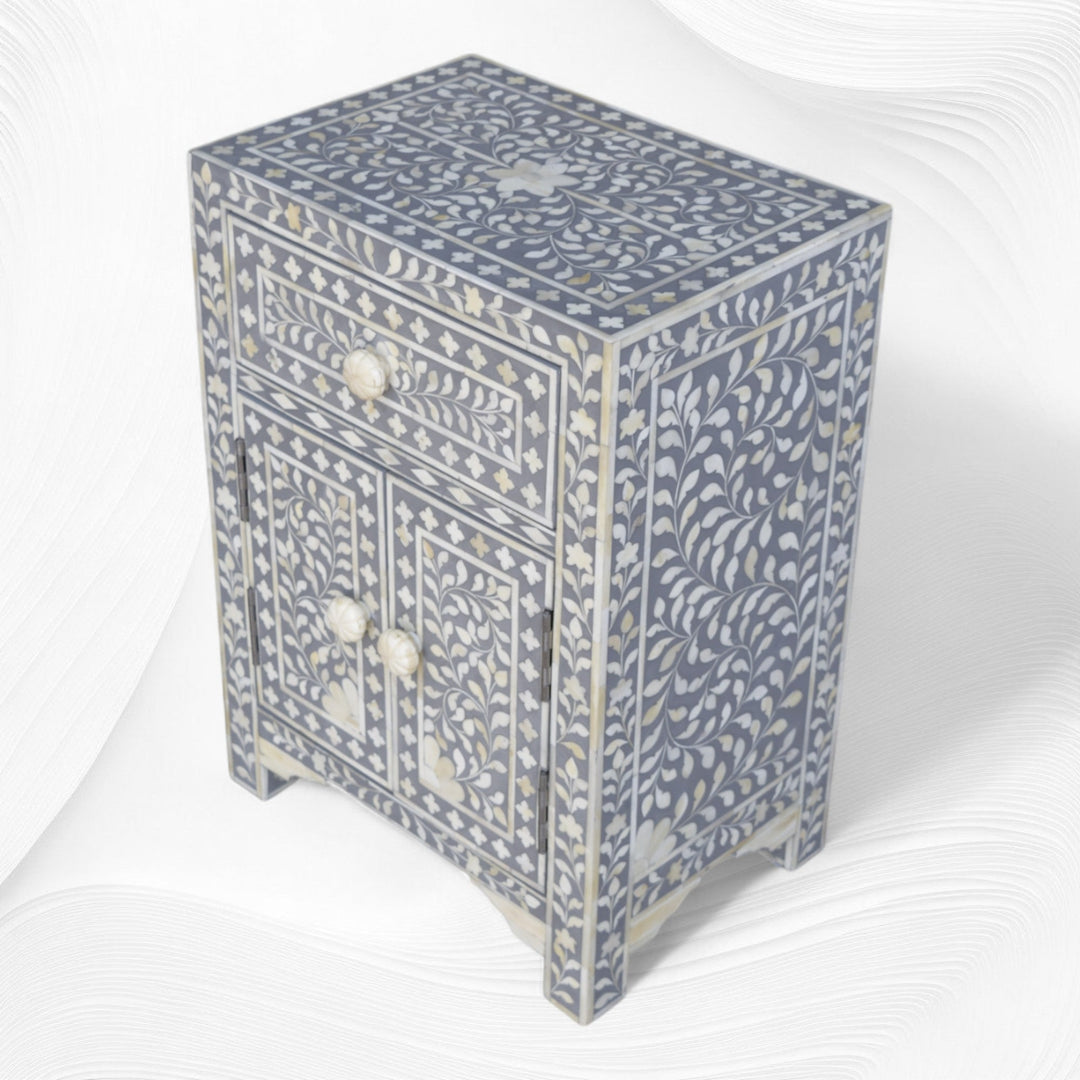 Floral Bone Inlay Bedside Grey
