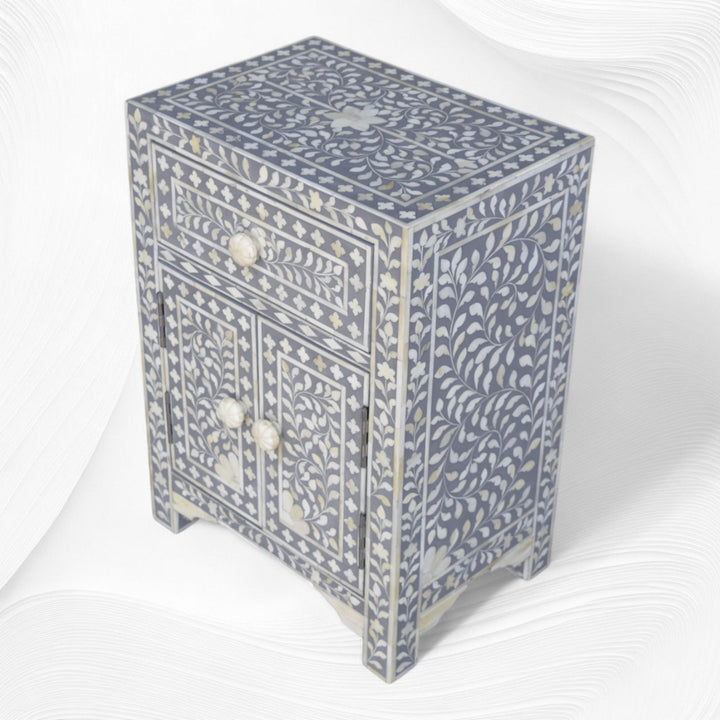 Floral Bone Inlay Bedside Grey
