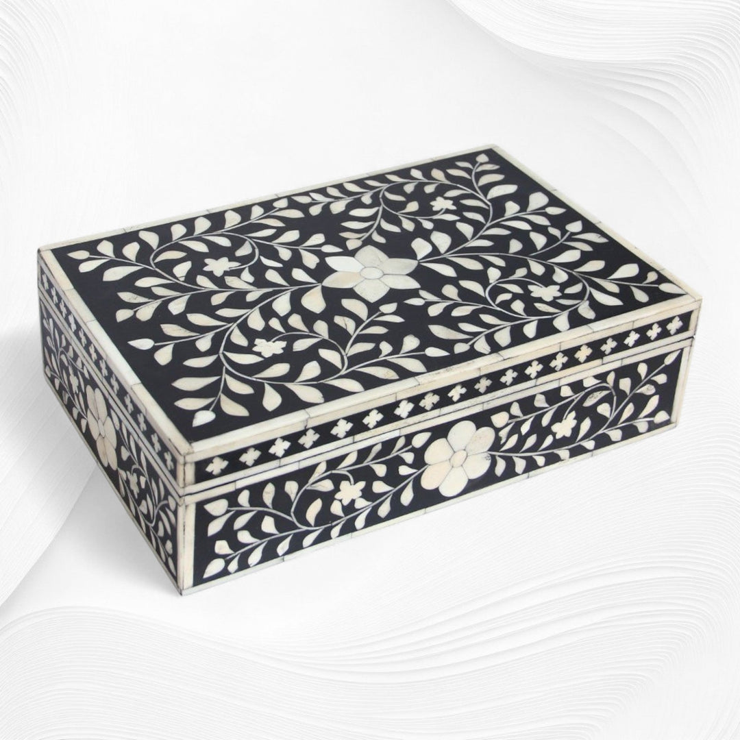 Floral Bone Inlay Box Black