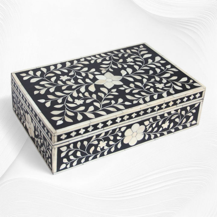 Floral Bone Inlay Box Black