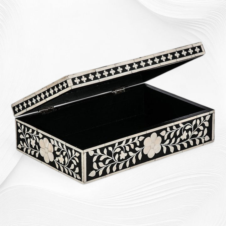 Floral Bone Inlay Box Black