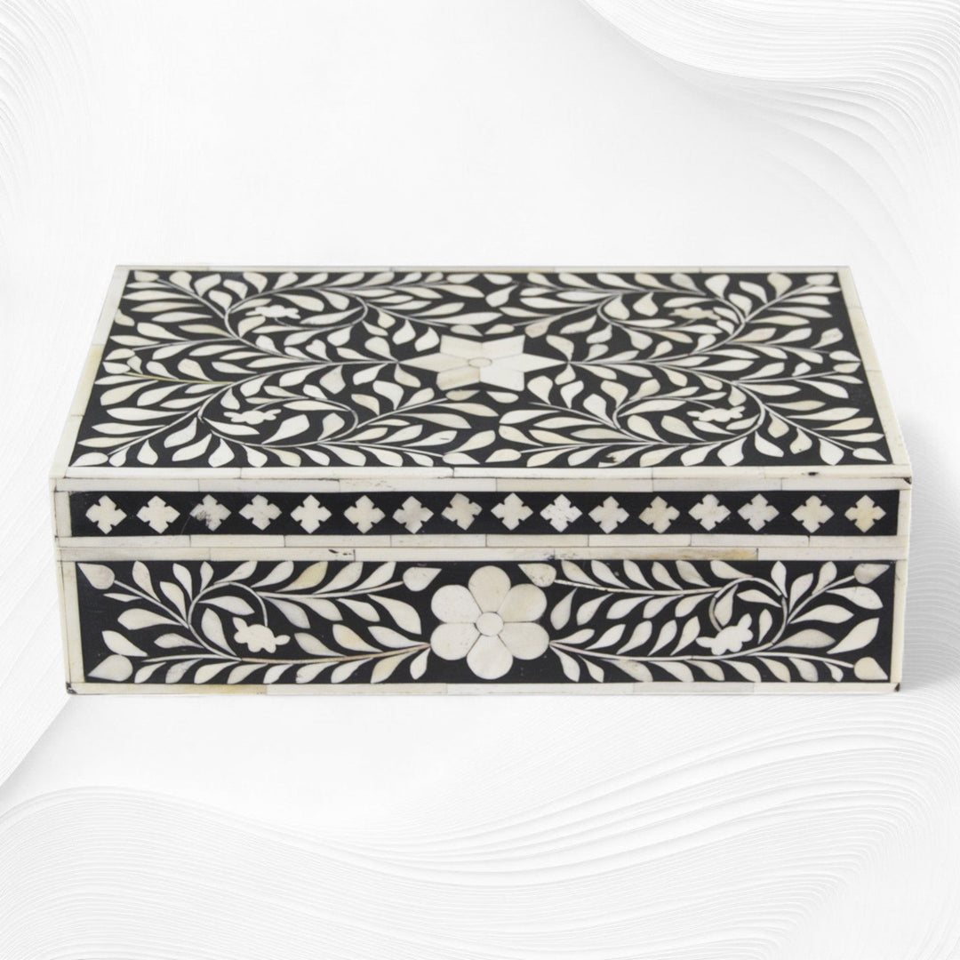 Floral Bone Inlay Box Black