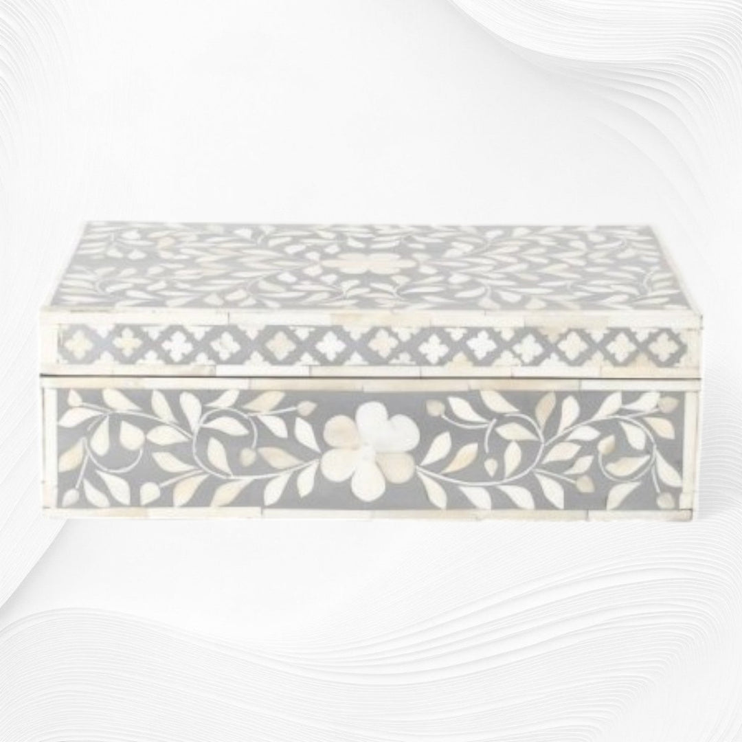 Floral Bone Inlay Box Grey