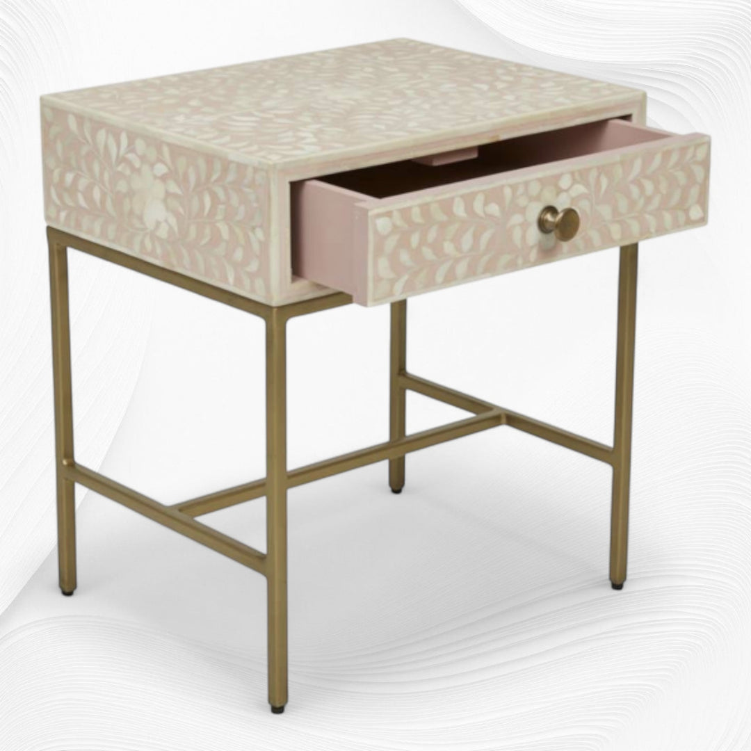 Floral Bone Inlay Nightstand 1 Drawer Pink