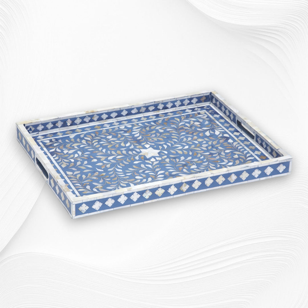 Mother Of Pearl Inlay Floral Rectangular Tray Blue