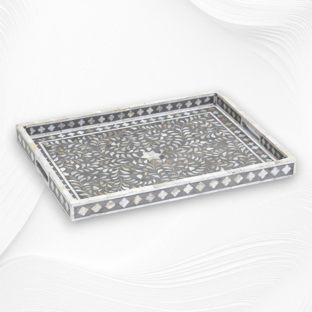Floral Rectangular Mother of Pearl Inlay Tray Grey