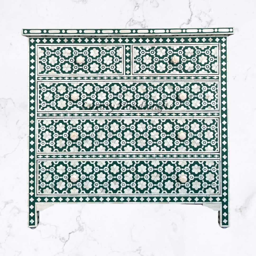 Flower Bone Inlay 5 Drawer Chest Teal Green