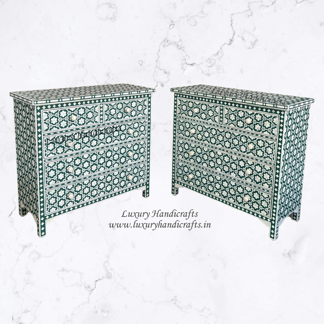 Flower Bone Inlay 5 Drawer Chest Teal Green