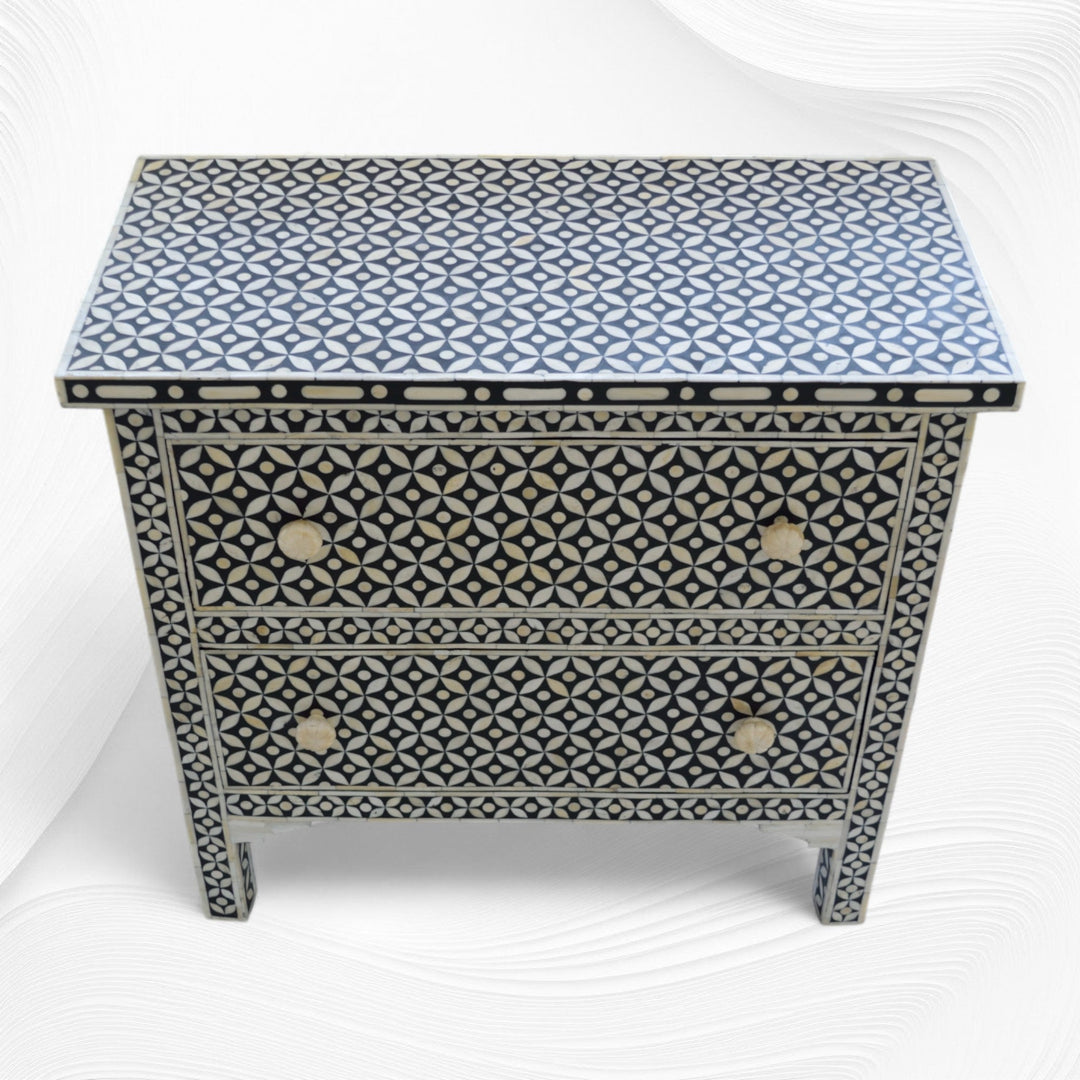 Geometric Bone Inlay 2 Drawer Bedside Large Black