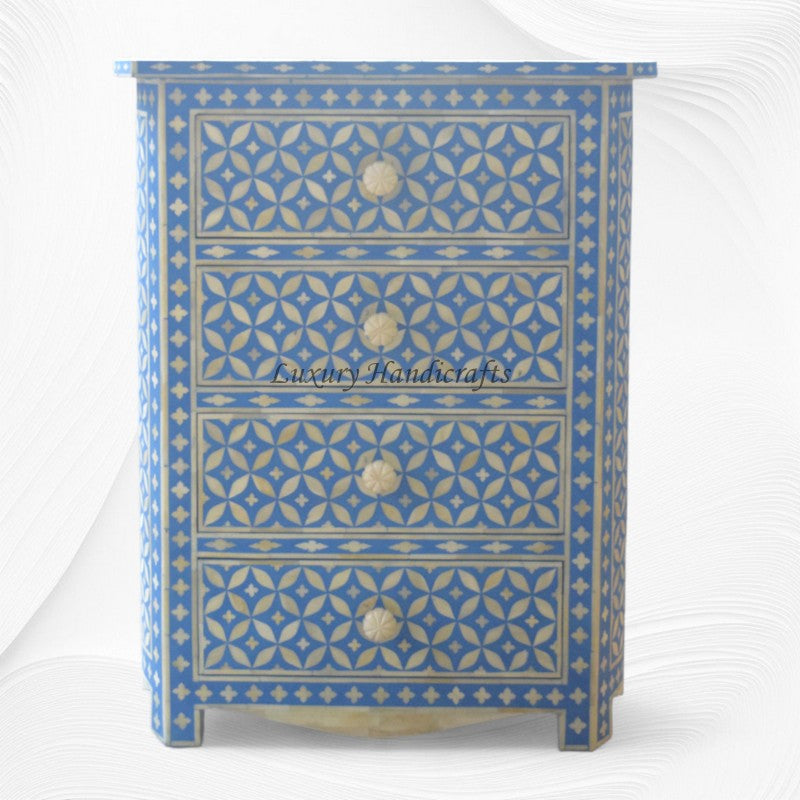 Geometric Bone Inlay 4 Drawer Bedside Blue