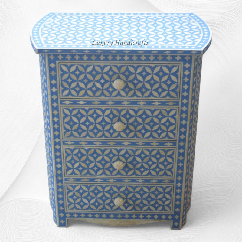 Geometric Bone Inlay 4 Drawer Bedside Blue