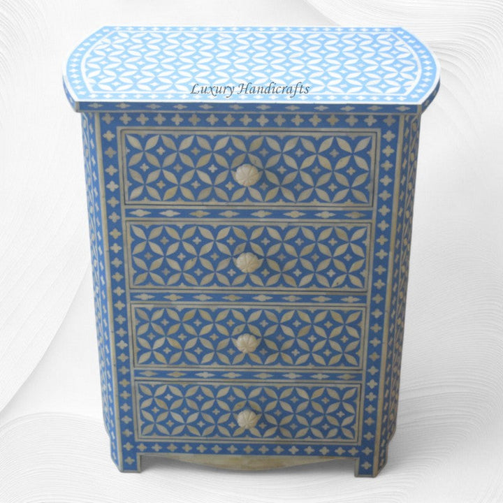 Geometric Bone Inlay 4 Drawer Bedside Blue