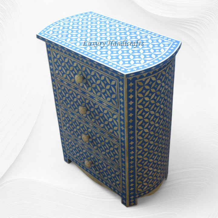 Geometric Bone Inlay 4 Drawer Bedside Blue