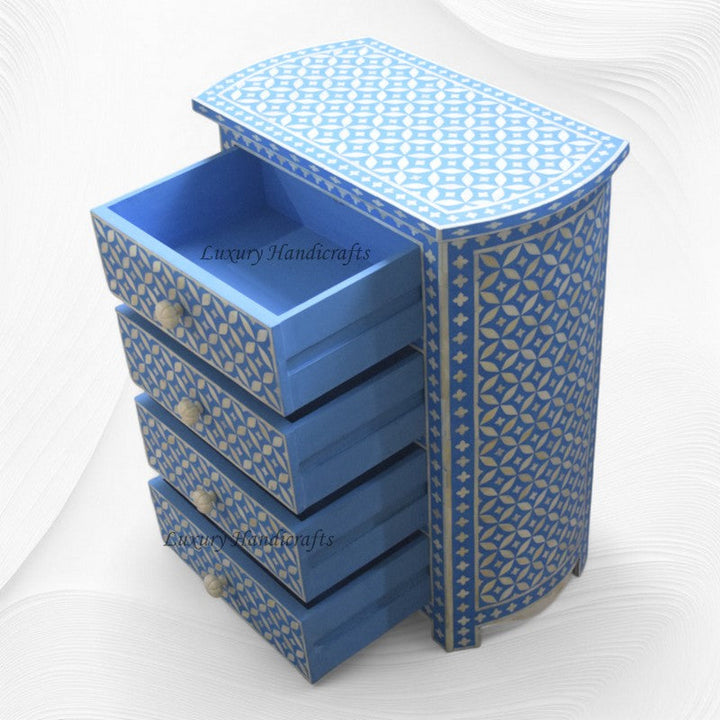 Geometric Bone Inlay 4 Drawer Bedside Blue