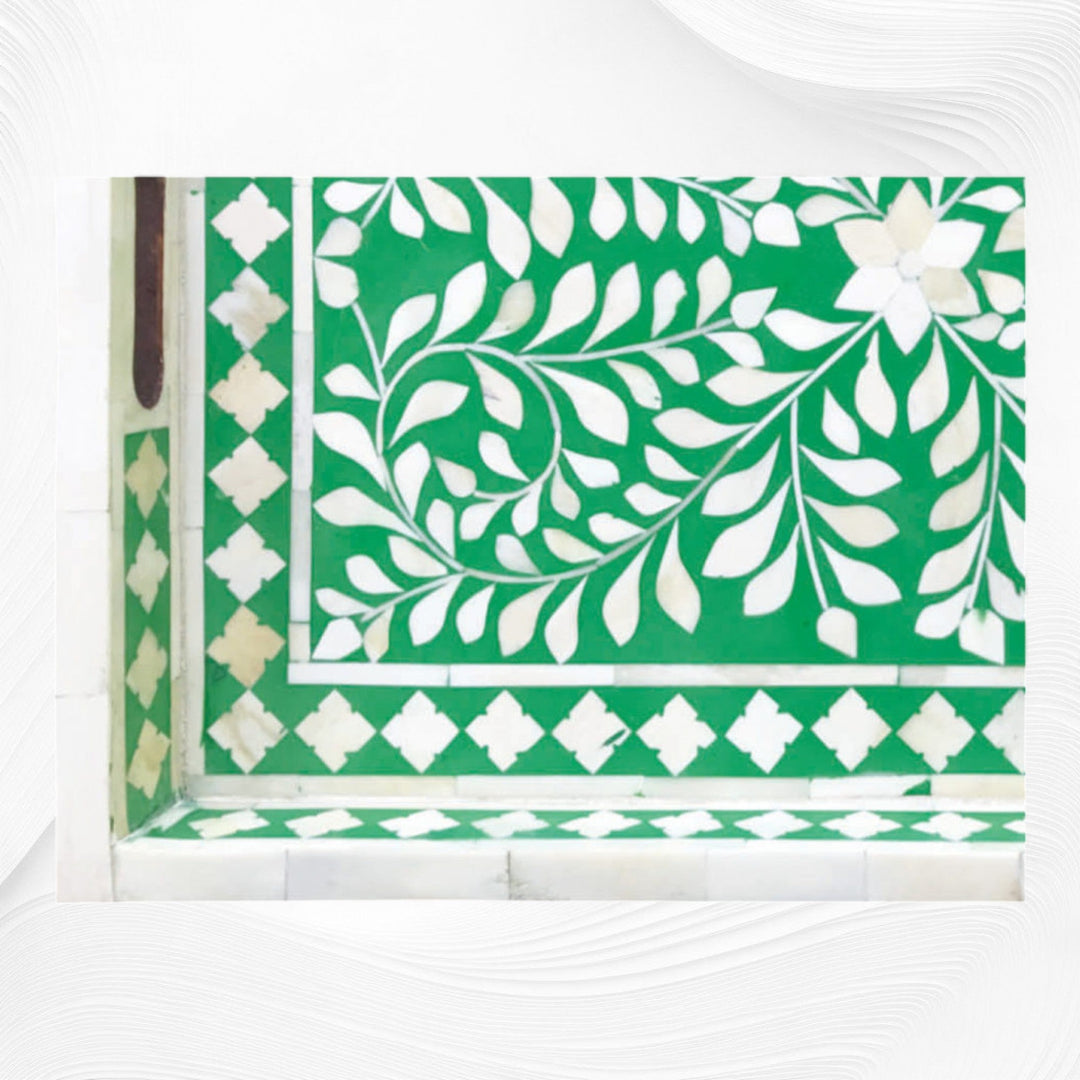 Green Bone Inlaid Rectangular Tray Floral Design | Bone Inlay Serving Tray