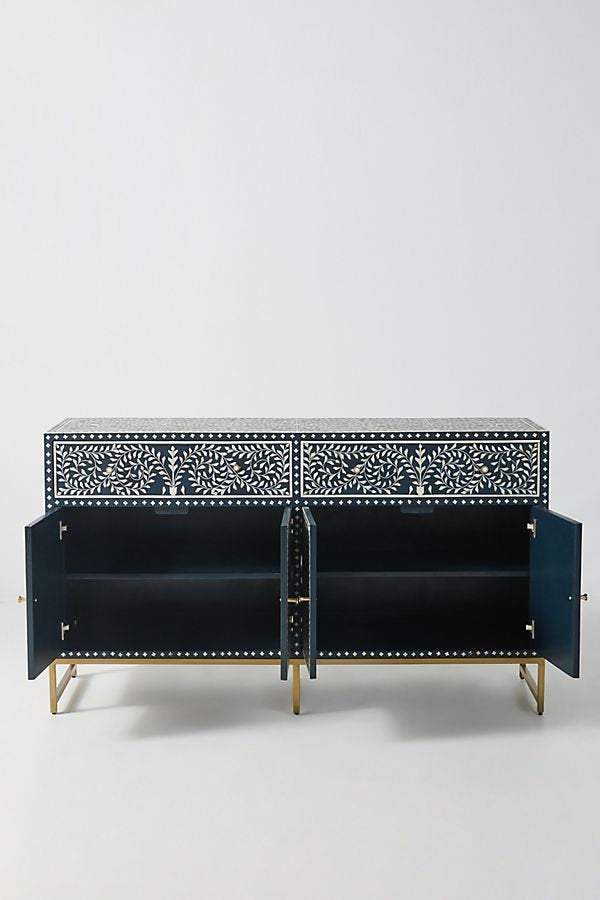Bone Inlay Scroll Vine Buffet Indigo Blue