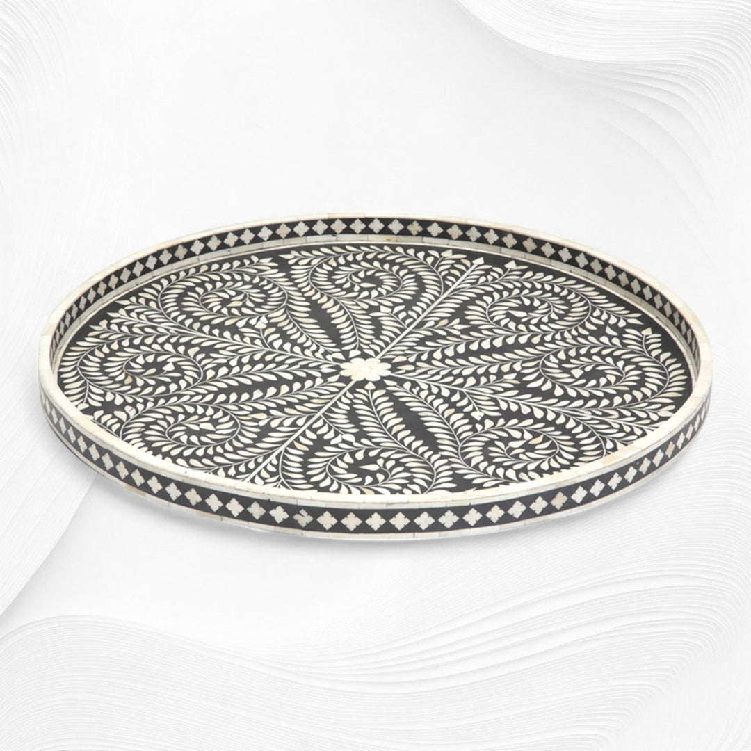 Large Round Bone Inlay Tray Floral Design Black