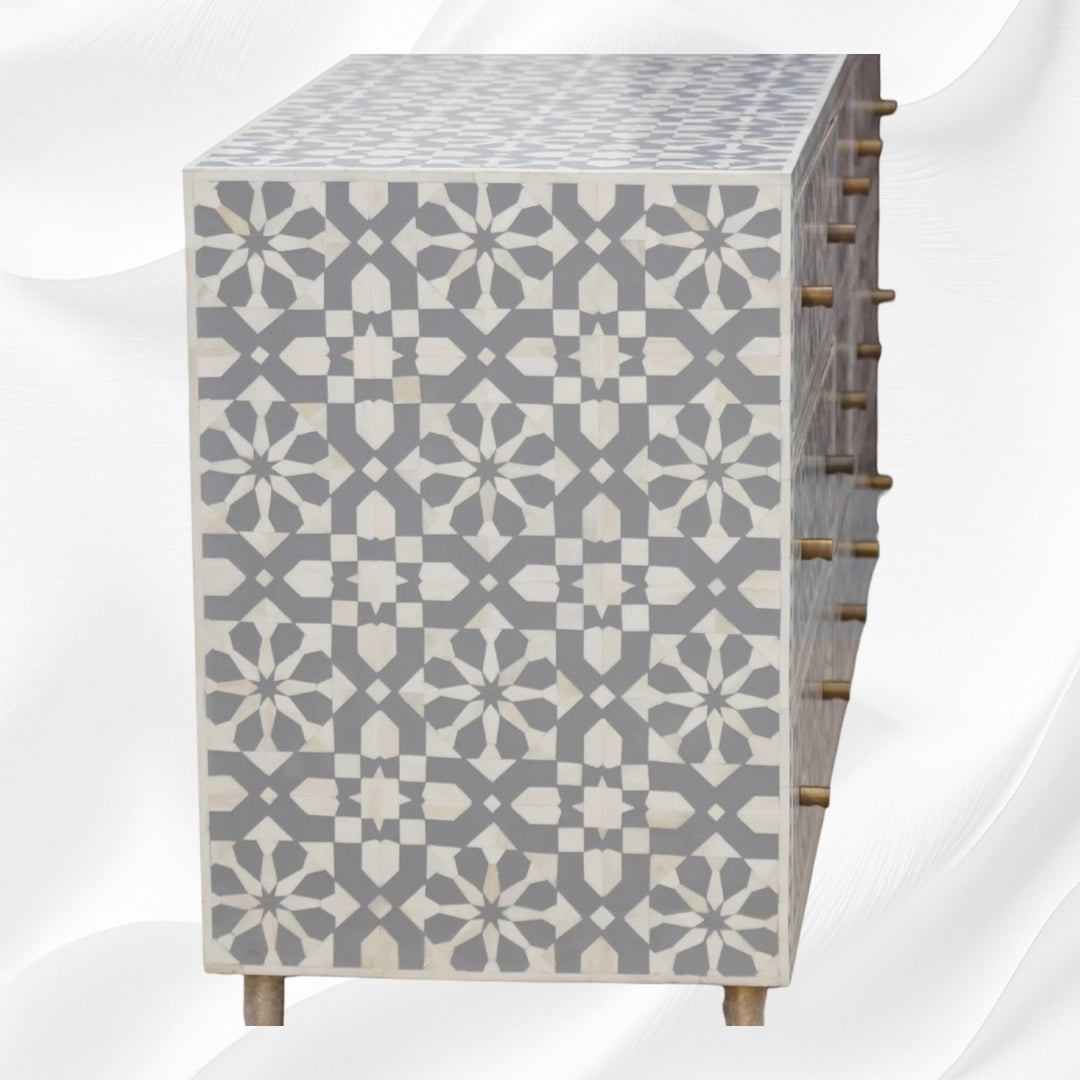 Bone Inlay Moroccan 9 Drawer Chest Grey