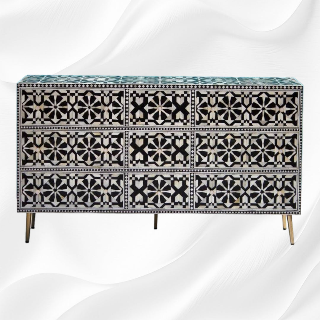 Bone Inlay Moroccan 9 Drawer Chest Black