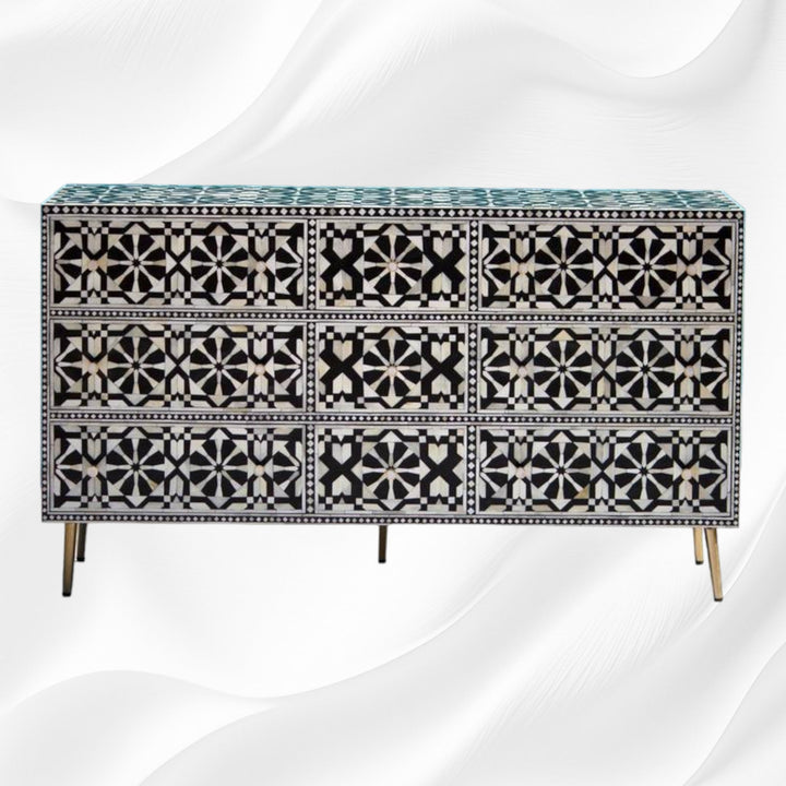 Bone Inlay Moroccan 9 Drawer Chest Black