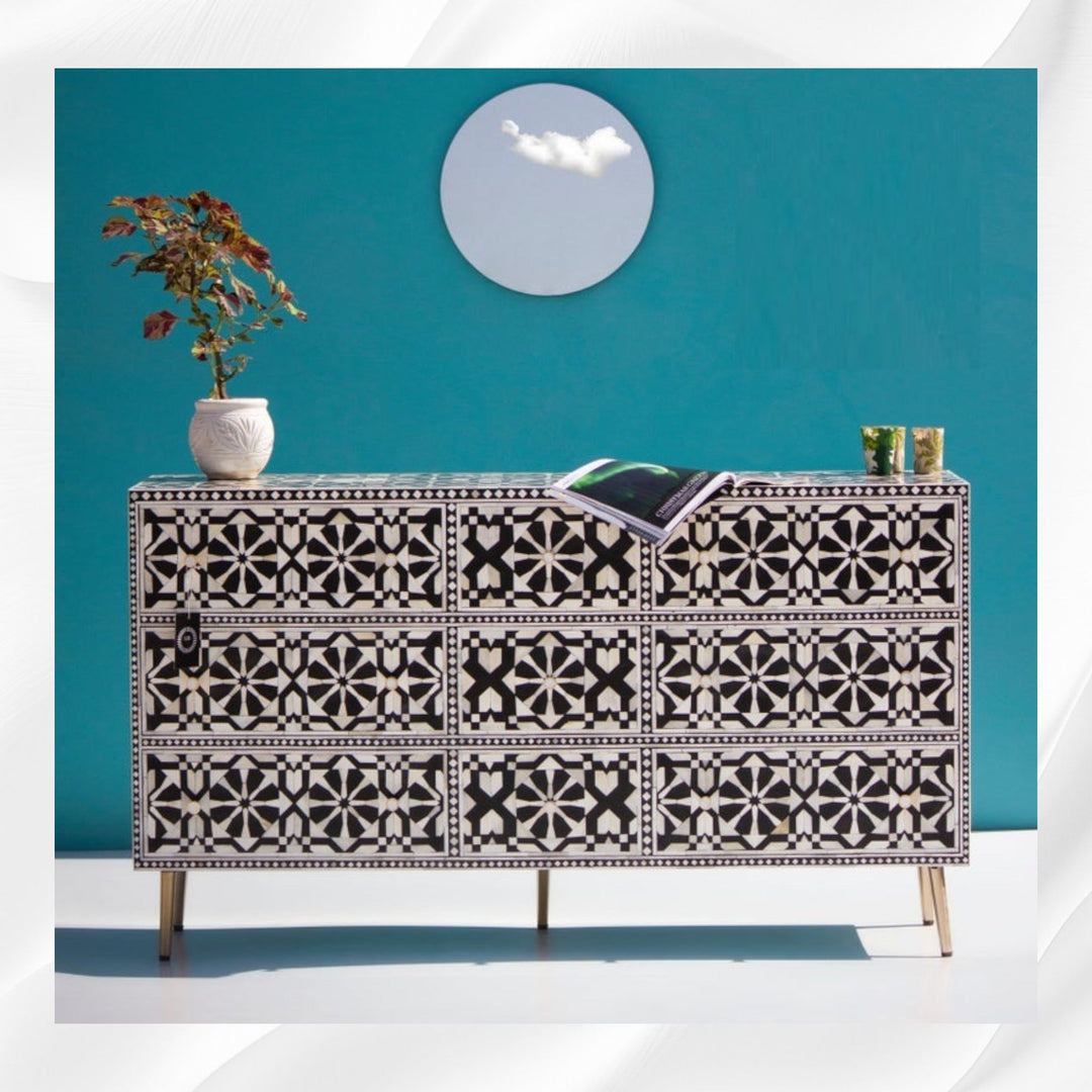 Bone Inlay Moroccan 9 Drawer Chest Black