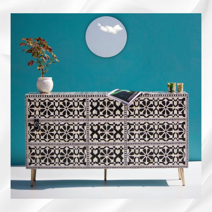 Bone Inlay Moroccan 9 Drawer Chest Black