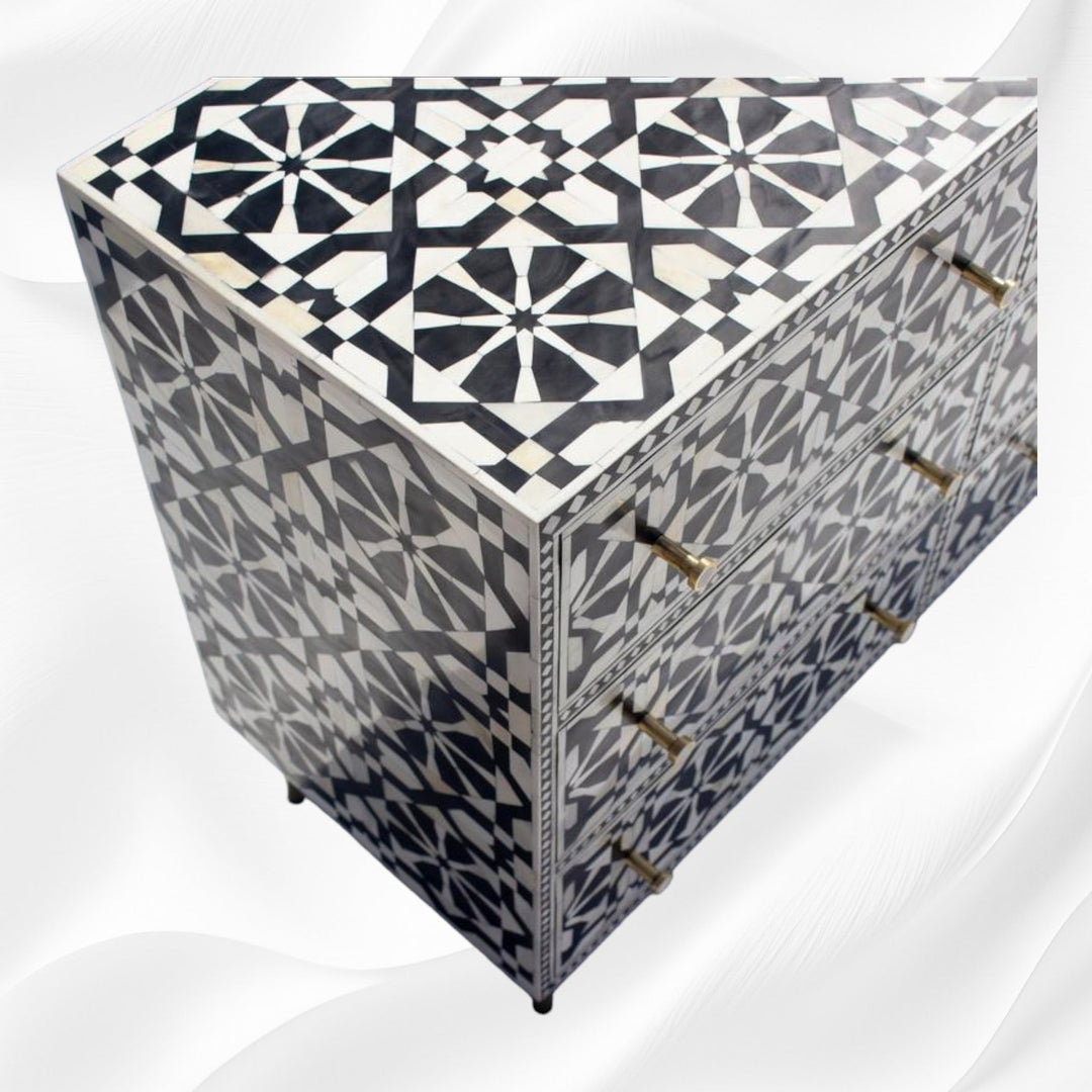 Bone Inlay Moroccan 9 Drawer Chest Black