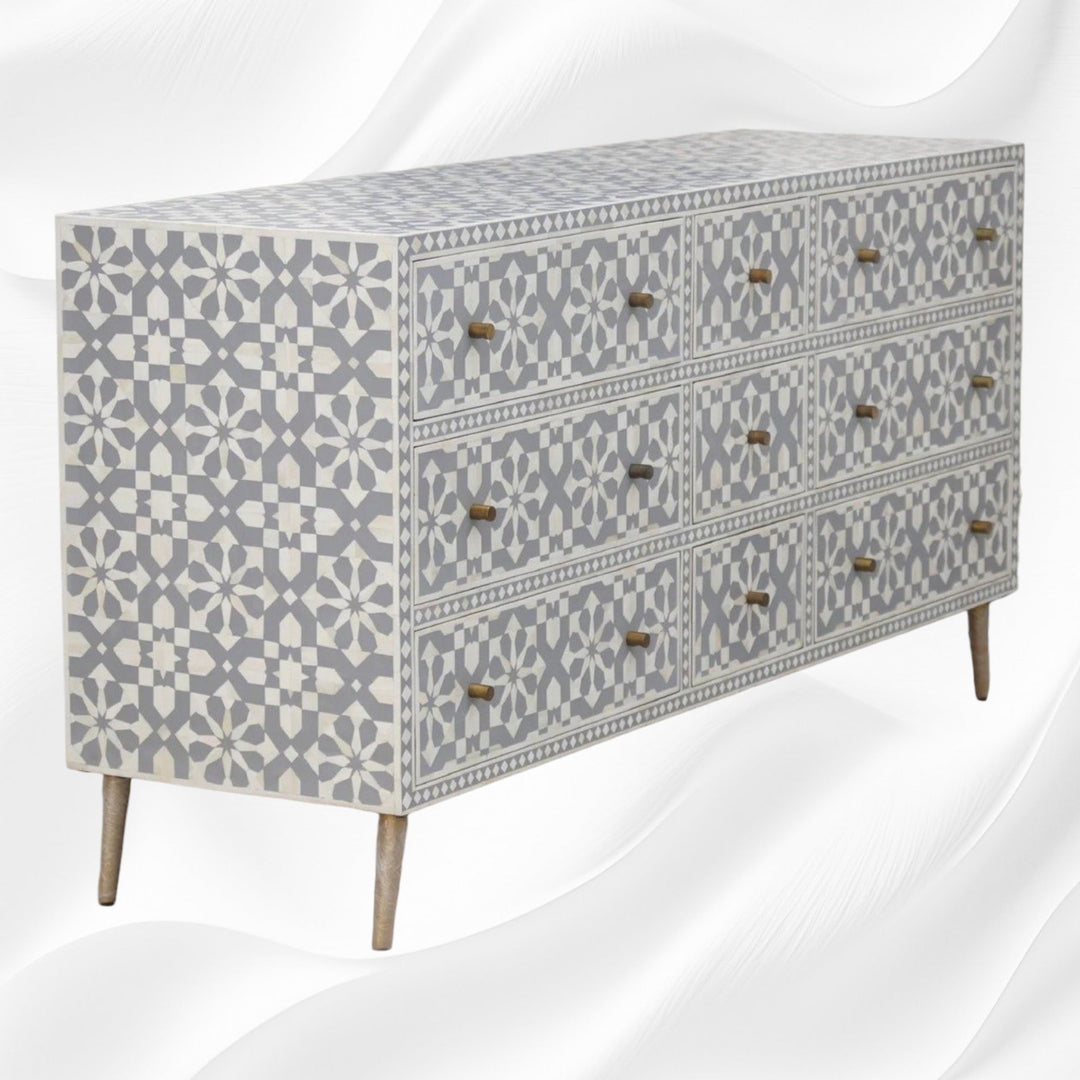 Bone Inlay Moroccan 9 Drawer Chest Grey