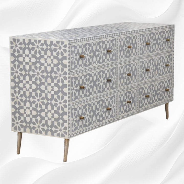 Bone Inlay Moroccan 9 Drawer Chest Grey