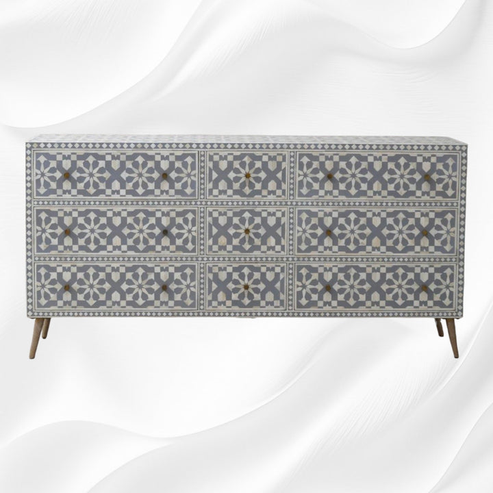 Bone Inlay Moroccan 9 Drawer Chest Grey