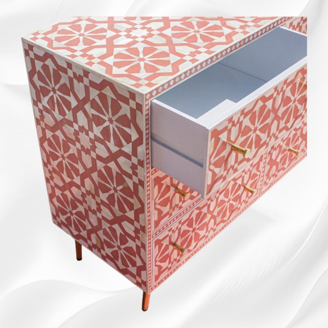 Bone Inlay Moroccan 9 Drawer Chest Orange
