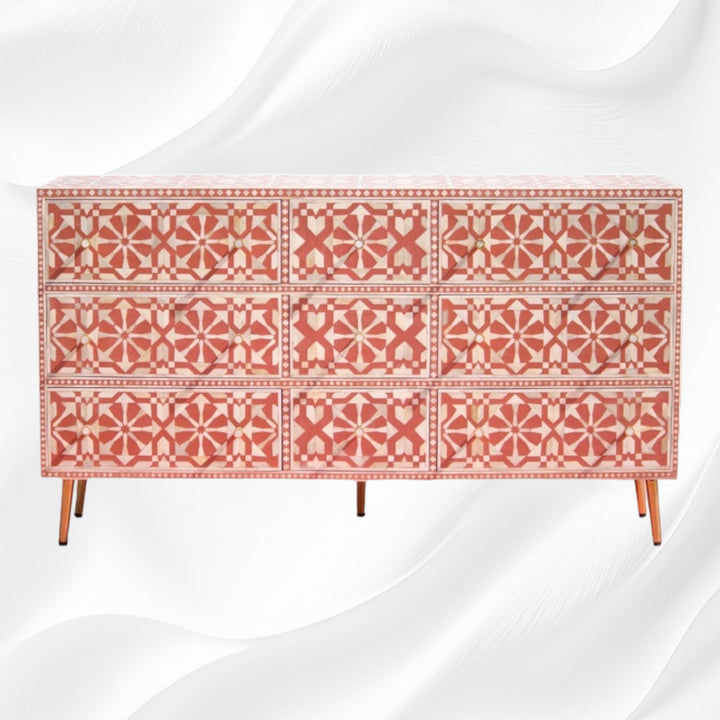 Bone Inlay Moroccan 9 Drawer Chest Orange