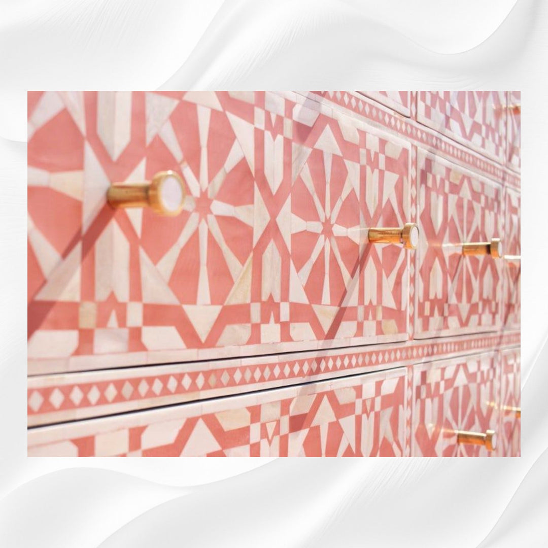 Bone Inlay Moroccan 9 Drawer Chest Orange