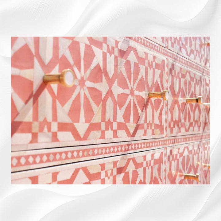 Bone Inlay Moroccan 9 Drawer Chest Orange