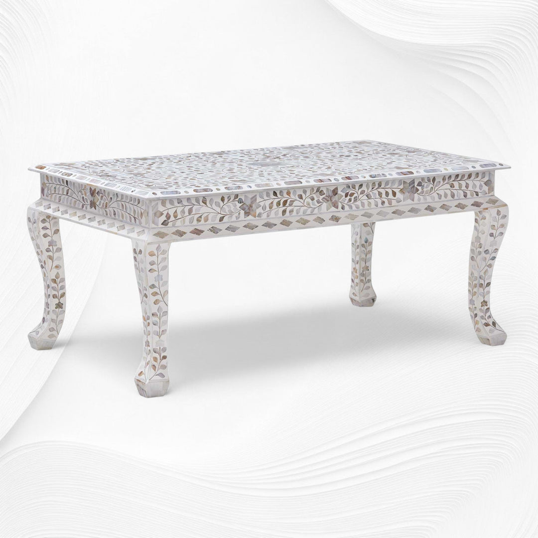 Mother of Pearl Inlay Floral Coffee Table White