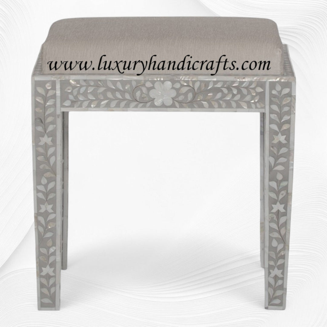Mother Of Pearl Inlay Floral Stool Grey