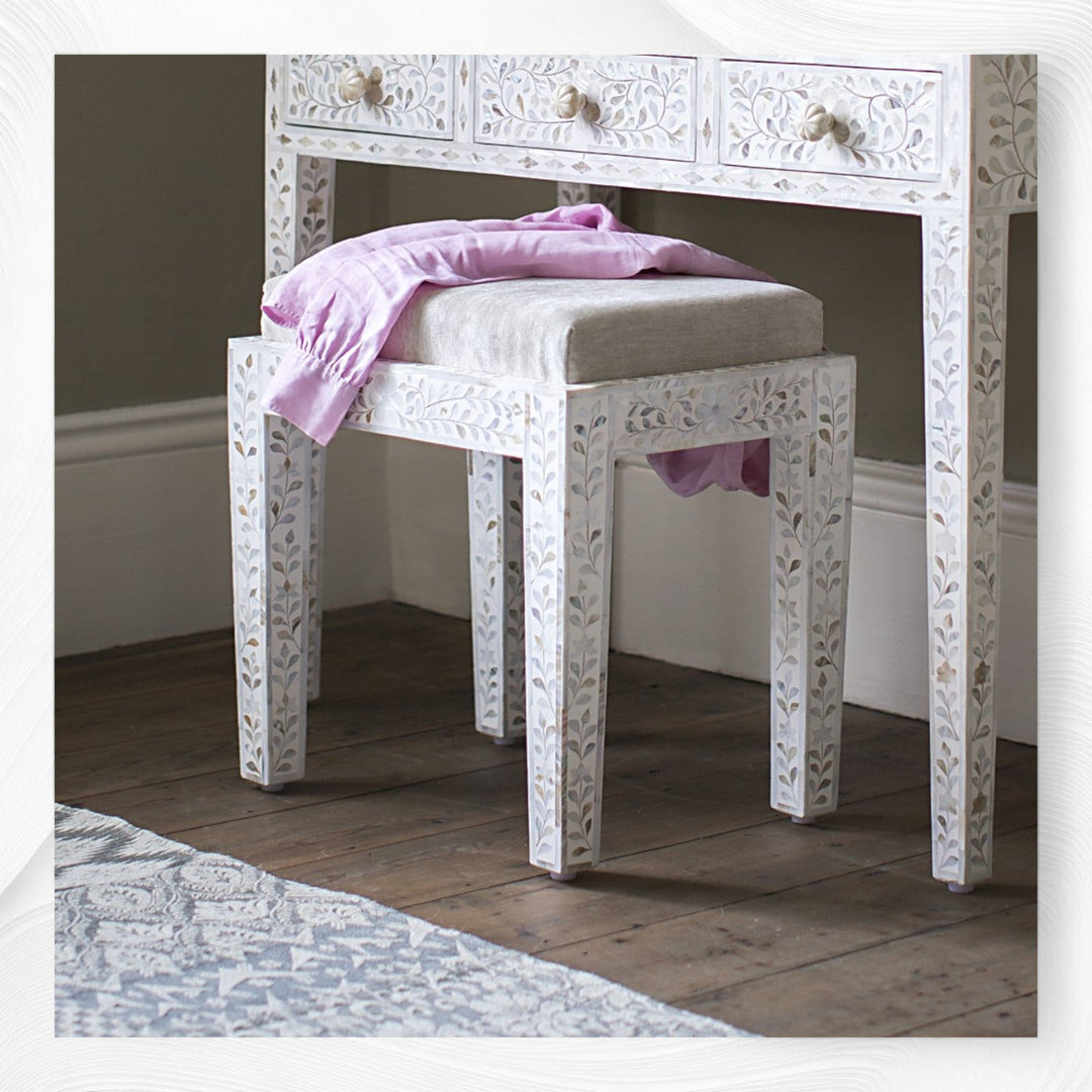 Mother Of Pearl Inlay Floral Stool White