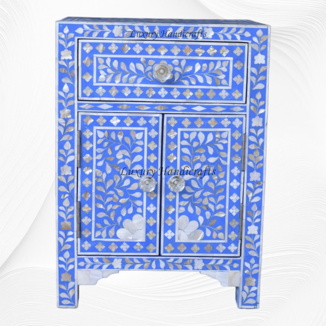 MOP Floral 1 Drawer 2 Door Bedside Table Blue